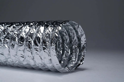 Close-up of 8 Inch Flexible Aluminum Duct Hose With Insulation R6 For Heavy Duty HVAC And Exhaust Ductwork, 25 Feet Long.