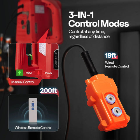 VIVOHOME 3-in-1 electric hoist winch in red with orange wired remote and wireless remote illustration