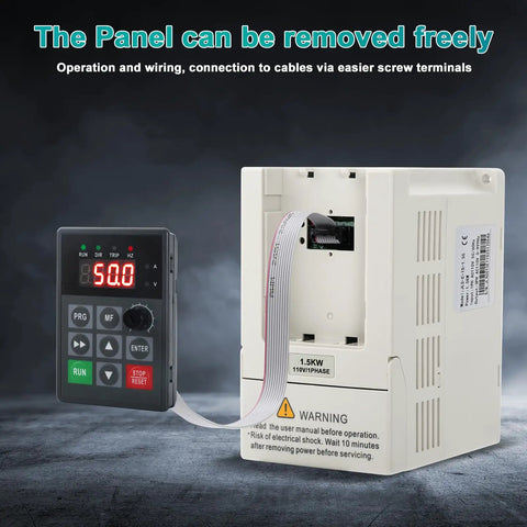 110V Variable Frequency Drive For Motor Speed Control With 1.5 kW Output, converts single phase to three phase, detachable panel