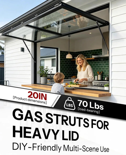 Heavy Duty 20 Inch Gas Struts Shocks Pair For Floor Hatch RV Bed Door Storage Trailer Lid And Toolbox Cabinet TV Stand Truck Camper Topper Rear Window Accessory 70 Pound Force in action