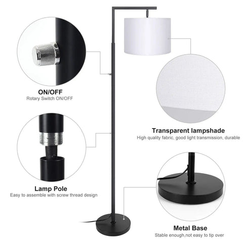 LED Floor Lamp With Stepless Dimming And Four Color Temperature Modes, Modern Black Standing Lamp With Remote And Rotary Switch, Easy Five Minute Setup, Ideal For Living Room And Bedroom, White Shade with rotary switch and metal base