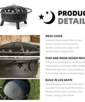Wood Burning Fire Pit With Mesh Cover And Fire Poker 32 Inch Round Metal Outdoor Firepit With Star And Moon Cutouts for patio.
