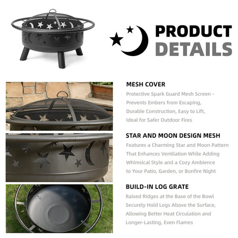 Wood Burning Fire Pit With Mesh Cover And Fire Poker 32 Inch Round Metal Outdoor Firepit With Star And Moon Cutouts for patio.