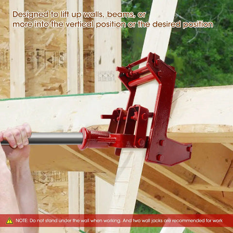 Heavy Duty Malleable Iron Wall Jack lifting beam on construction site, red color, solo lifts up to 1000 lbs.