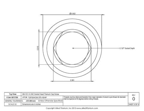 Pro Grade 2 Titanium Socket Head Cap Screws Three Eighths Sixteen By Four Inch Unc Threaded Fasteners technical drawing dimensions