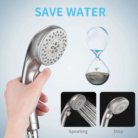 High Pressure 6 Setting Handheld Shower Head With On Off Switch And Spa Spray Mode in hand showing water-saving feature