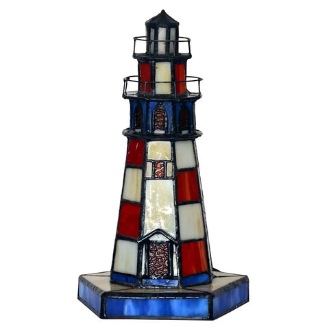 Lighthouse Tiffany Style Stained Glass Table Lamp Night Light For Home Decor, 6x6x10 Inch Red Finish, E12 Bulb Included