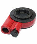 Close-up of the ratchet head of a Heavy Duty Ratchet Pipe Threader With Seven Dies Set Three Eighths To Two Inches Steel Pipe Cutter Tap Bar Handheld Threading Tool For Plumbing Reversible Head Durable Construction Easy To Use Pro Grade