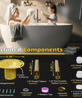 Built Tough Freestanding Bathtub Drain Kit With No Sweat Rough-In Setup, Universal Nickel Plated Brass And Pvc Adapter For 1.5 Inch Threaded Drains, Double Seal Leak Proof Design, Smooth Install For Any Freestander Tub with included components and measurements.