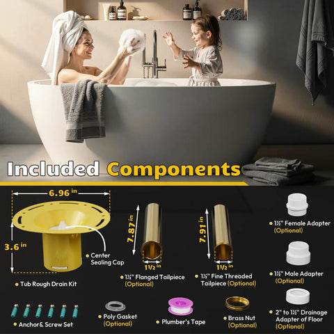 Built Tough Freestanding Bathtub Drain Kit With No Sweat Rough-In Setup, Universal Nickel Plated Brass And Pvc Adapter For 1.5 Inch Threaded Drains, Double Seal Leak Proof Design, Smooth Install For Any Freestander Tub with included components and measurements.