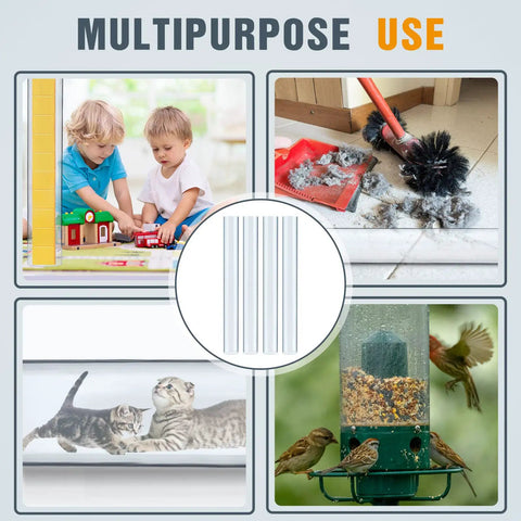 Six Piece Clear PVC Dust Collection Tubes 4 Inch Diameter 36 Inch Long with various uses illustrated, including cleaning and play.