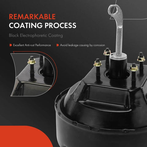 Close-up of Heavy Duty Vacuum Brake Booster for Ford Bronco F100 F150 F250, featuring black electrophoretic coating and hardware.
