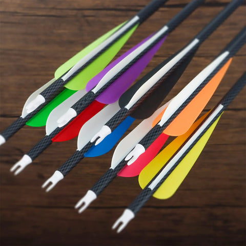 Colored arrows with TPU vanes, highlighting 4 Inch Plastic Fletching Vanes For DIY Archery Arrows 50 Pack Black High Durability.
