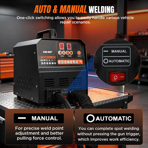 Beefed Up Three Point Five KW Stud Welder Dent Puller with LED Digital Control Panel, showing auto and manual mode switch.