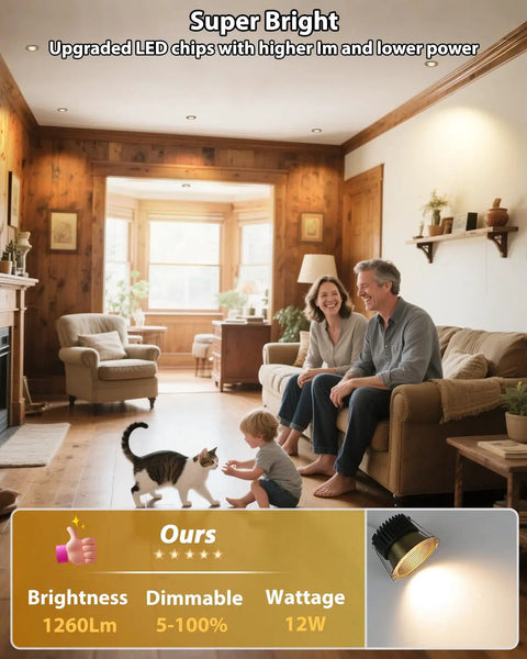 Adetu 4 Pack 3 Inch 5CCT Bronze Anti-Glare LED Recessed Ceiling Light illuminating a cozy living room with a family and a cat.