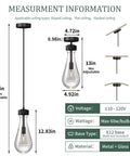 Measurement details of hanging pendant light with metal and glass design, adjustable height up to 72 inches, E12 base.