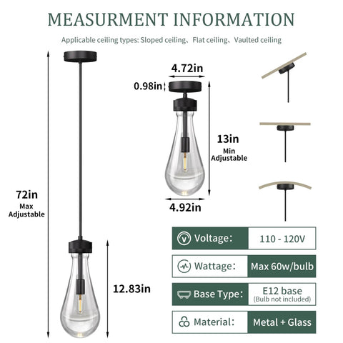 Measurement details of hanging pendant light with metal and glass design, adjustable height up to 72 inches, E12 base.