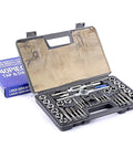 Open box showing Pro Grade Metric Tap And Die Set M3 To M12 40 Piece Rethreading Tool Kit with adjustable handles and steel tools