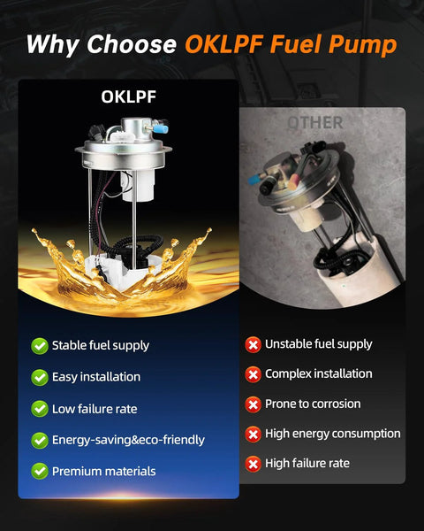 Comparison of OKLPF fuel pump with another model, showing benefits like stable fuel supply, easy installation, and premium materials.