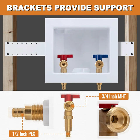 Crimp PEX Washing Machine Outlet Box With Center Drain, 1/2 Inch PEX Inlet To 3/4 Inch MHT Outlet, wall-mounted installation