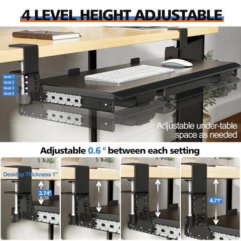 Large Height Adjustable Keyboard Tray With Sturdy C Clamp Mount And Storage Drawer, ergonomic setup with level adjustments
