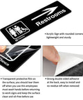 Rock Solid Restricted Area Sign For Business Safety Lockdown 3 x 8 Inch Industrial Warning Plaque Indoor Outdoor Heavy Duty Acrylic Self Adhesive Sticker Hella Tough No Hassle Mounts Fast On Doors Or Windows with arrow and restroom symbols.