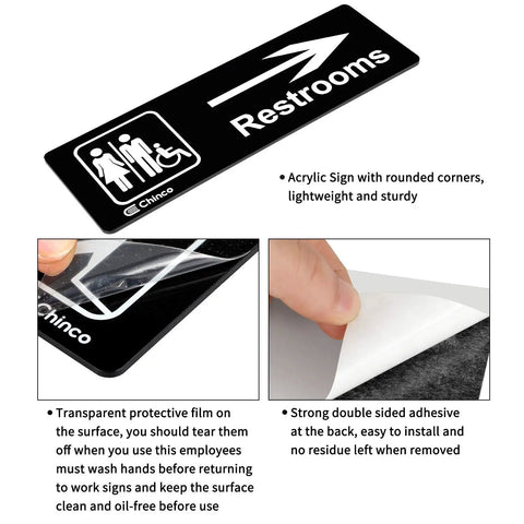 Rock Solid Restricted Area Sign For Business Safety Lockdown 3 x 8 Inch Industrial Warning Plaque Indoor Outdoor Heavy Duty Acrylic Self Adhesive Sticker Hella Tough No Hassle Mounts Fast On Doors Or Windows with arrow and restroom symbols.