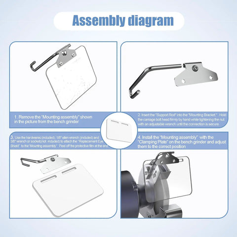 Assembly diagram for Heavy Duty Four By Five Inch Bench Grinder Eye Shield Two Pack Thick Clear Polycarbonate Shatterproof Face Guard.