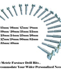 Top Shelf 18 Piece Forstner Bit Set 15 To 40 Mm Carbide Tipped Round Shank wood drill bits displayed in sizes from 15mm to 40mm.