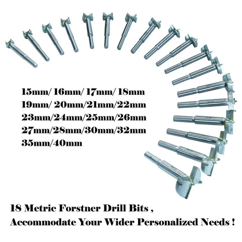 Top Shelf 18 Piece Forstner Bit Set 15 To 40 Mm Carbide Tipped Round Shank wood drill bits displayed in sizes from 15mm to 40mm.