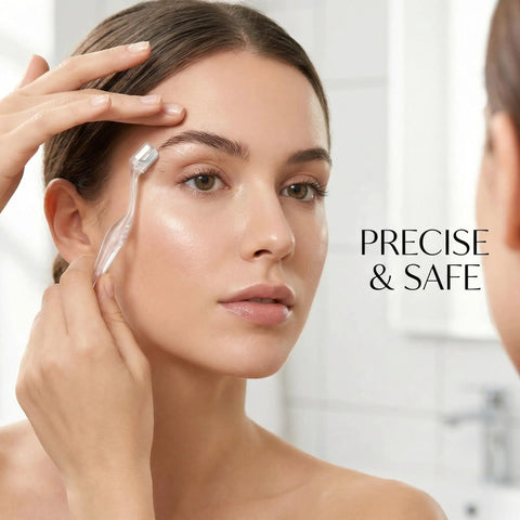 Close-up of a woman using the 3 Pack Precision Face Razor For Women With Secure Grip Bangin Sharp Stainless Micro Blades.