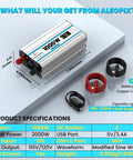 1000 Watt Car Power Inverter Flips 12 Volt Battery Juice Straight Into 110 Volt Wall Outlet Power, aluminum body with leads.