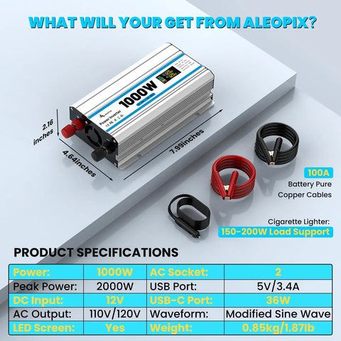 1000 Watt Car Power Inverter Flips 12 Volt Battery Juice Straight Into 110 Volt Wall Outlet Power, aluminum body with leads.
