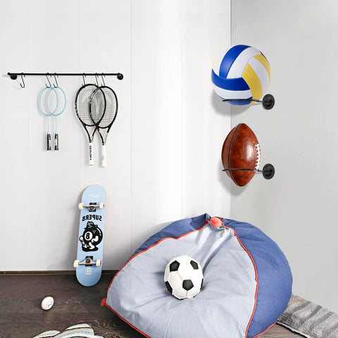 Room with Metal Ball Holder Rack Wall Mounted Two Piece Set Black Heavy Duty Wall Display Storage For Soccer Basketball Volleyball Rugby Football Easy Install With Screws holding ball