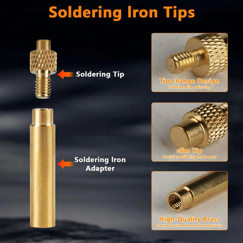 7 Heat Set Insert Tips and 1 Soldering Iron Adapter for brass heat set inserts in plastic 3D printer parts, M2-M8 sizes.