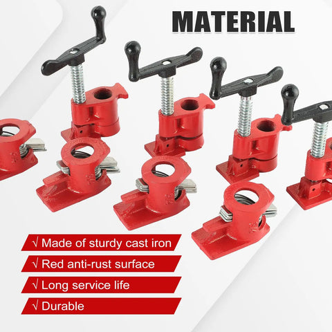 Built Tough 8 Pack 3/4 Inch Wood Gluing Pipe Clamps For Daily Shop Work Top Shelf Threaded Pipe Fixture with red anti-rust surface.
