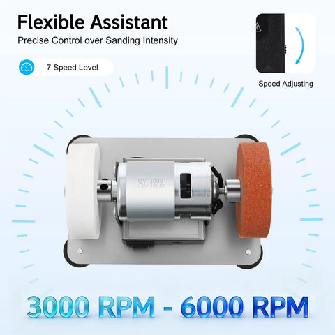 Mini Bench Grinder And Sander With 96W All Copper Motor And Seven Adjustable Speeds Up To 6000 Rpm Tabletop Polishing Tool showing adjustable speeds with motor.