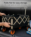Heavy Duty Outdoor Folding Utility Wagon With 125 Liter Capacity And 600D Oxford Zero Hassle Folding Design rolls flat for easy storage in car.