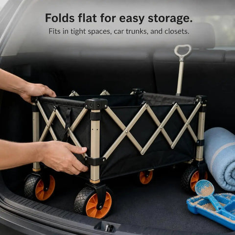 Heavy Duty Outdoor Folding Utility Wagon With 125 Liter Capacity And 600D Oxford Zero Hassle Folding Design rolls flat for easy storage in car.