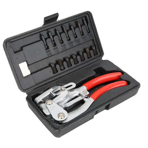 Heavy Duty Handheld Hole Punch Kit For Sheet Metal And More with 7 punch sizes in open carrying case.