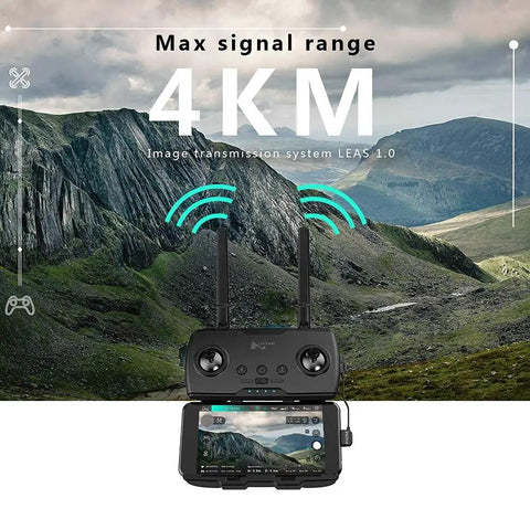 Smart controller for Foldable Pro Drone With 4K Front Camera And 720P Optical Flow Positioning, showing max signal range of 4KM.