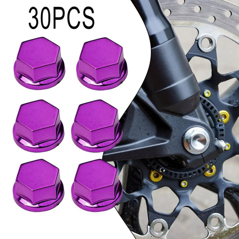 Purple 30 Piece Motorcycle Bolt Cap Covers Assortment Kit With Hex Head Dome Caps For Engine Frame And Fairing Protection Fits Kawasaki Honda Suzuki Dirt Bikes Chrome Plated Plastic Finish on wheel