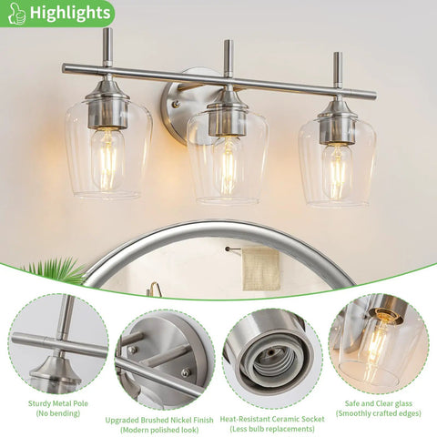 Slick 3 Light Modern Bathroom Vanity Light Fixtures Over Mirror With Clear Glass Shade Nickel Brushed Finish Wall Sconce Lamp
