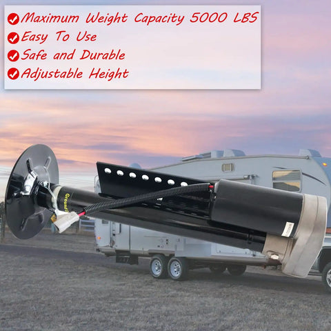 Beefy 5000 Lb Fifth Wheel RV Right Leg Jack beside parked RV under evening sky