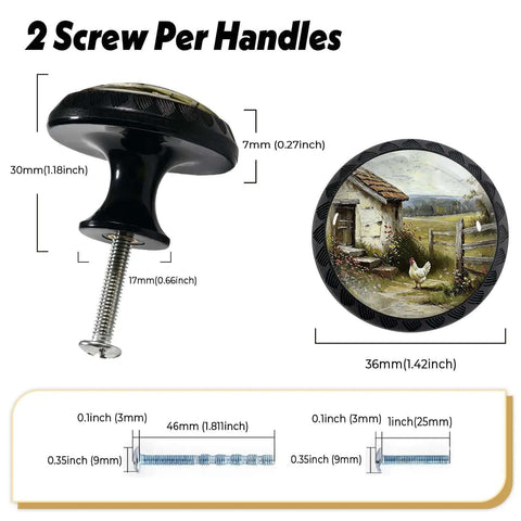 Four Pack Rustic Farmhouse Chicken Cabinet Knob Set with acrylic round drawer knob, dimensions and screws shown