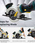 Enventor mini circular saw with laser guide, teal/black handle, 4-1/2 inch blade, includes 6 blades; collage showing blade replacement steps.