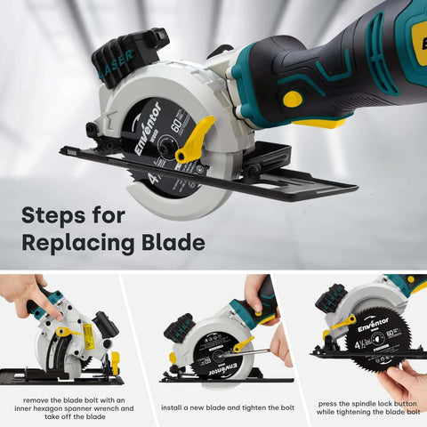 Enventor mini circular saw with laser guide, teal/black handle, 4-1/2 inch blade, includes 6 blades; collage showing blade replacement steps.