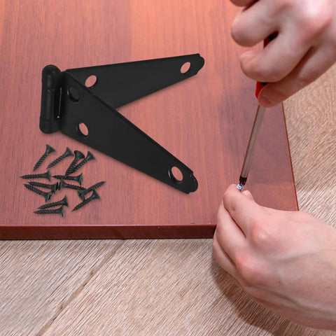 Installation of 2 Pack Heavy Duty Strap Gate Hinges With Screws Galvanized Iron Outdoor Fence Hinges on wood surface