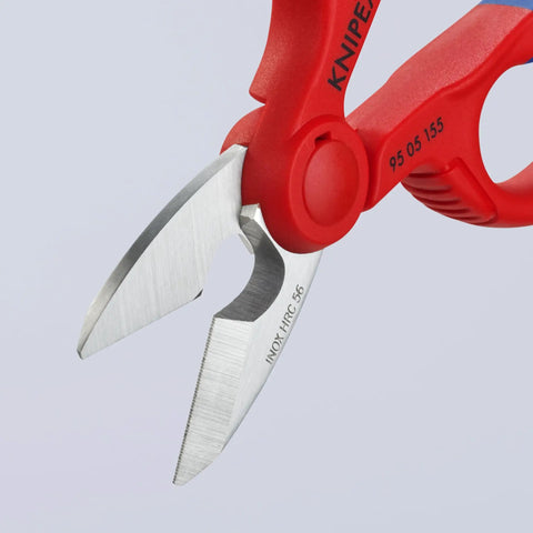 Electrician Shears With Precise Ground Stainless Steel Blades, Fine Serration For Clean Non Slip Cuts, Integrated Cable Cutter For Soft Wires, Plus Belt Holster For Fast On The Go Access And Easy Carry showing close-up of red handle and blades.