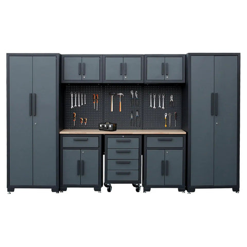 Front view of 9 Piece Garage Storage Cabinet System With Locking Steel Cabinets, Locker Units, Wall Cabinets, 1-Drawer And 4-Drawer Rollers.